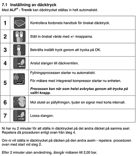 Beskrivning av inställning av däcktryck